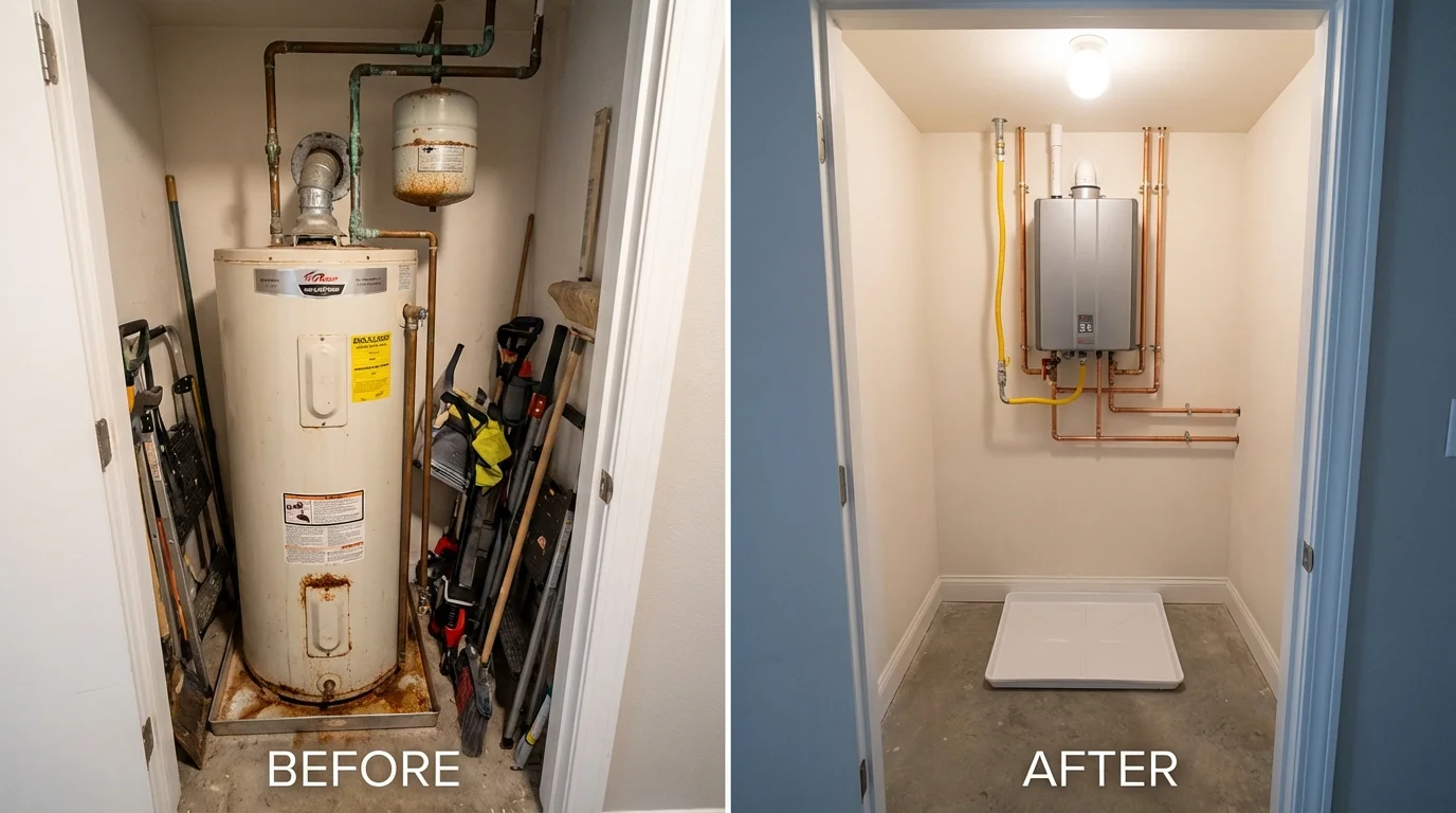 Tank water heater versus wall-mounted tankless unit comparison for Bangor, ME homeowners