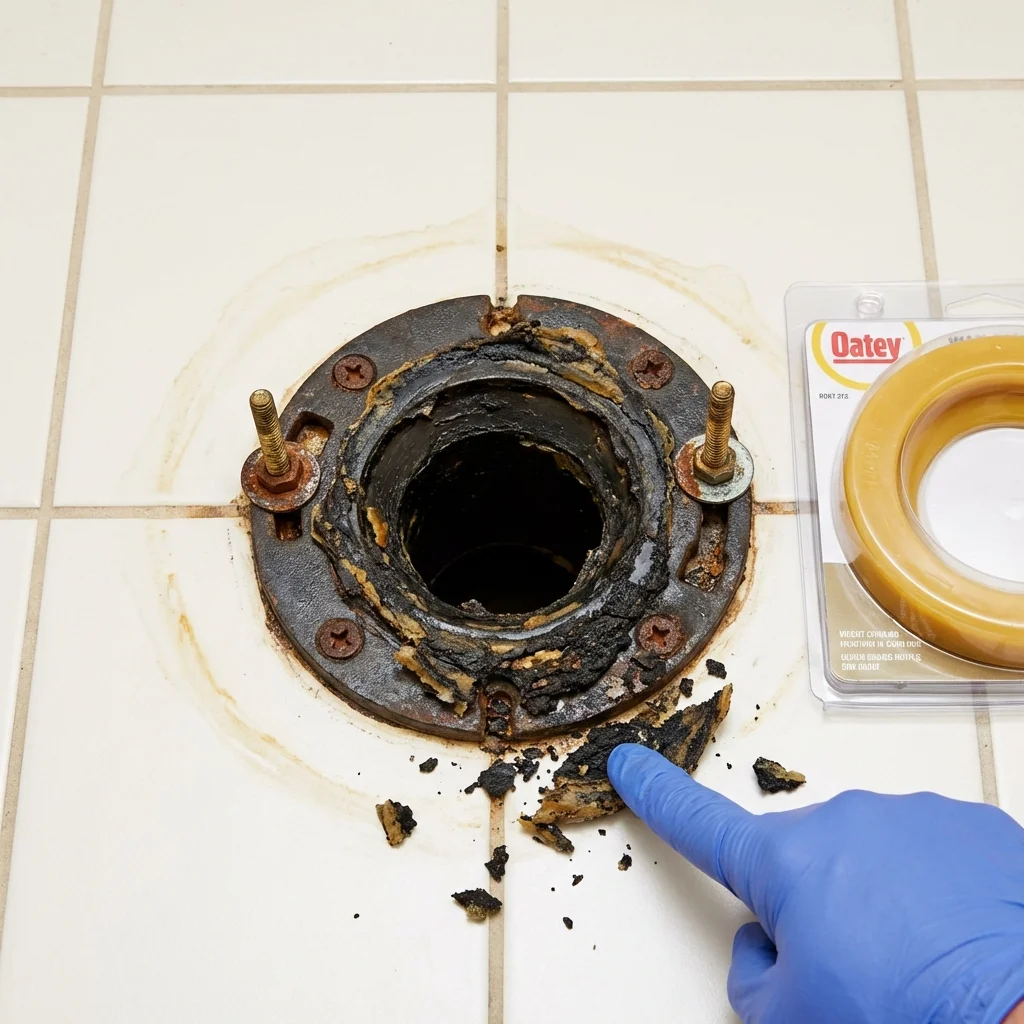 Failed wax ring showing water seepage at the base of a toilet in a Bangor, ME home