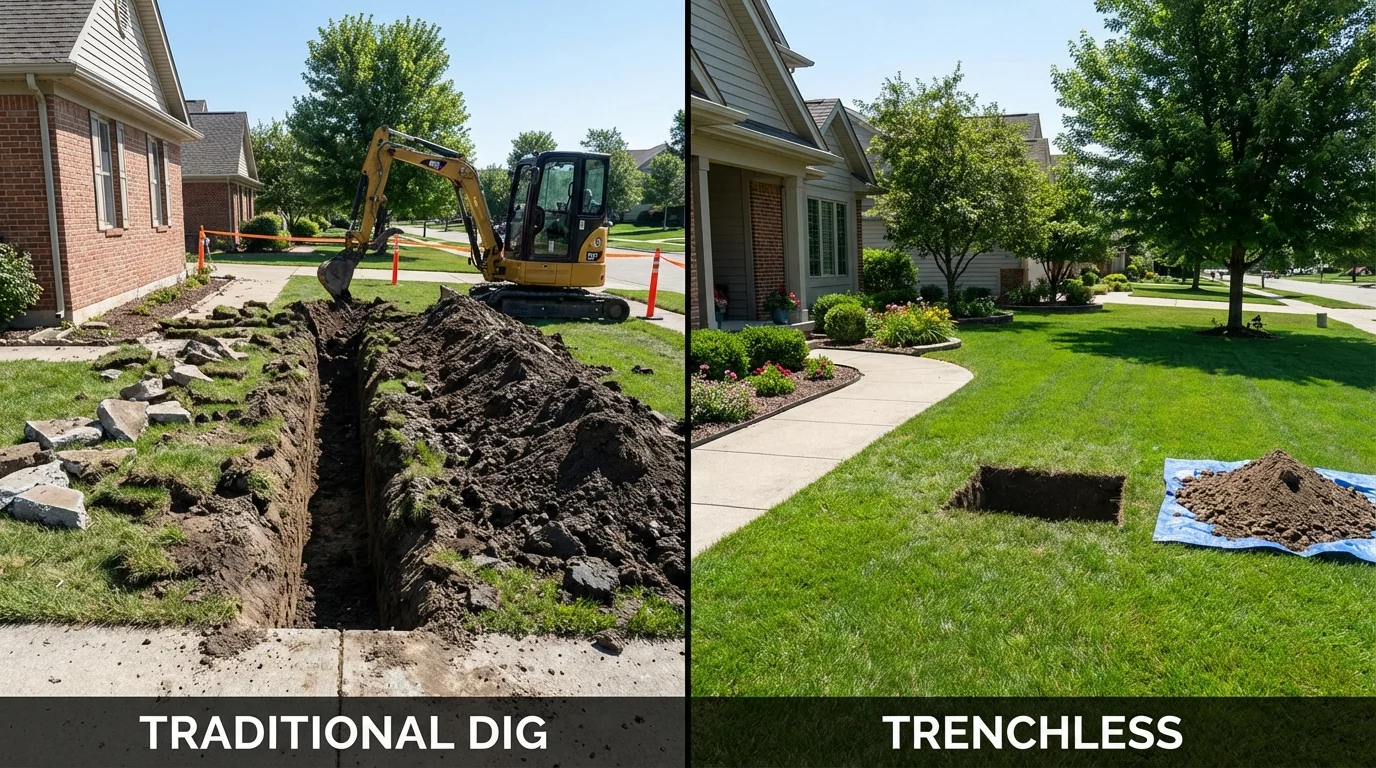 Trenchless sewer repair with minimal yard damage versus traditional excavation in Bangor, ME