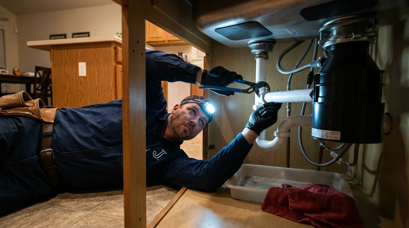 P-trap and supply line connections under a kitchen sink showing a common leak point in Bangor, ME